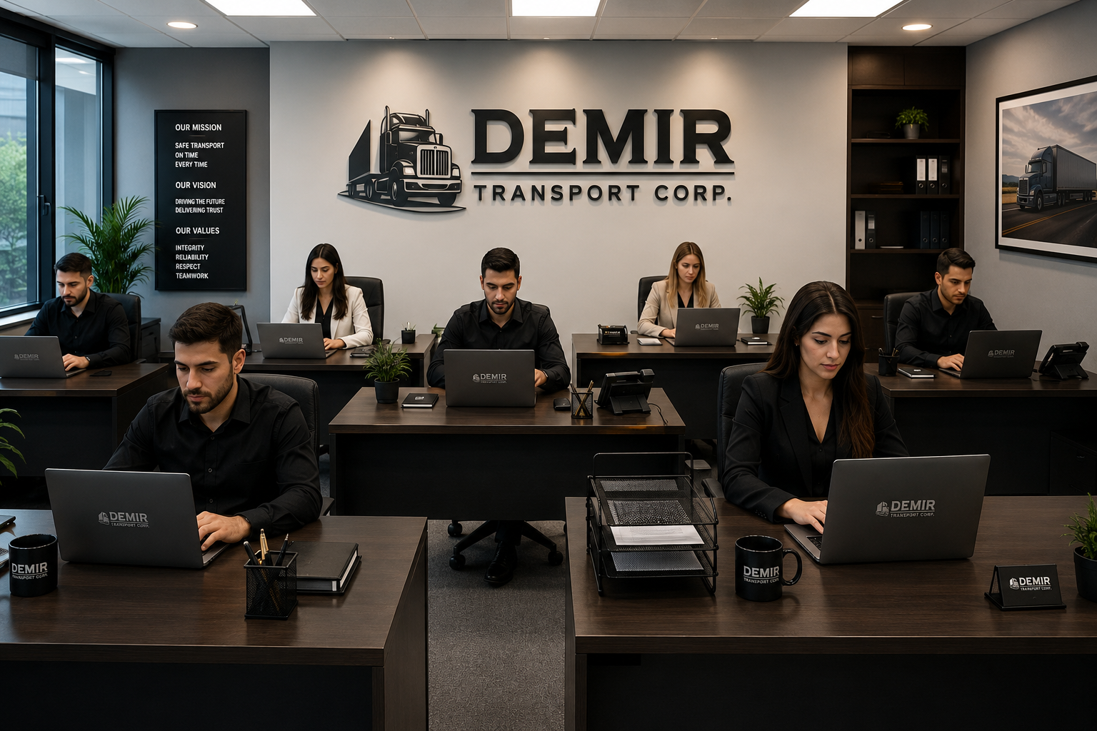 Demir Transport Corp office team working at their desks under the company logo