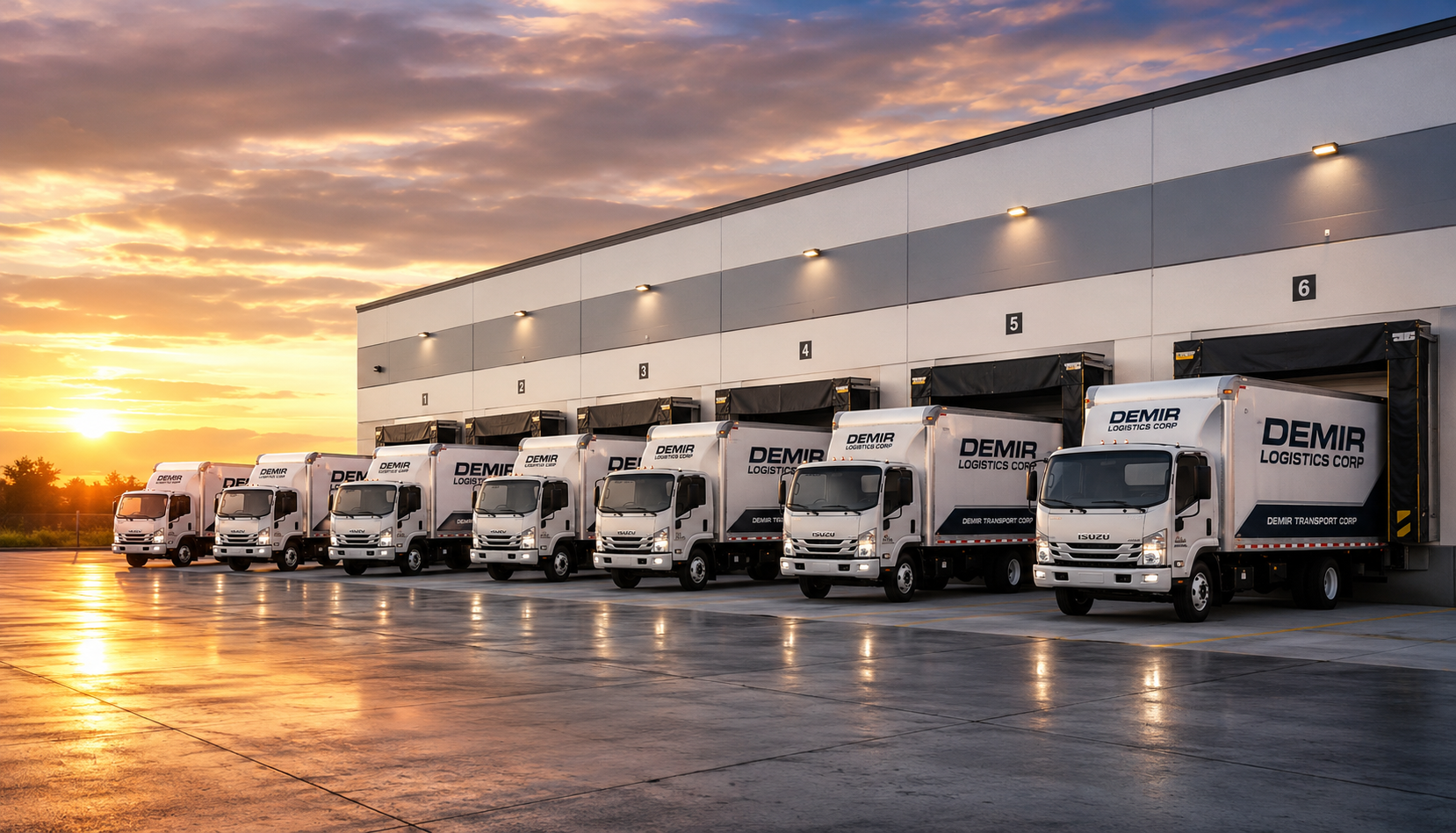 Demir Transport Corp fleet of Isuzu box trucks lined up at loading dock bays at sunset