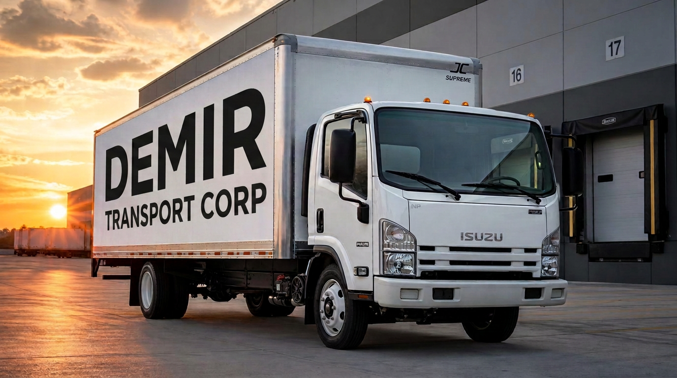 Demir Transport Corp Isuzu box truck at a loading dock